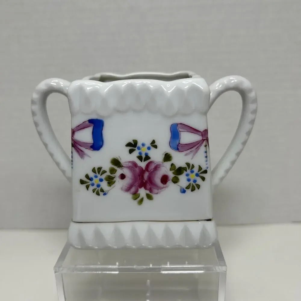 Vtg Fred Roberts Square Open Sugar Bowl Handpainted Roses + Bowes Ceramic